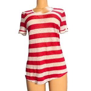 Gerard Darel Shirt Womens Sz 2 Red White Pullover Top Short Sleeve Striped Linen